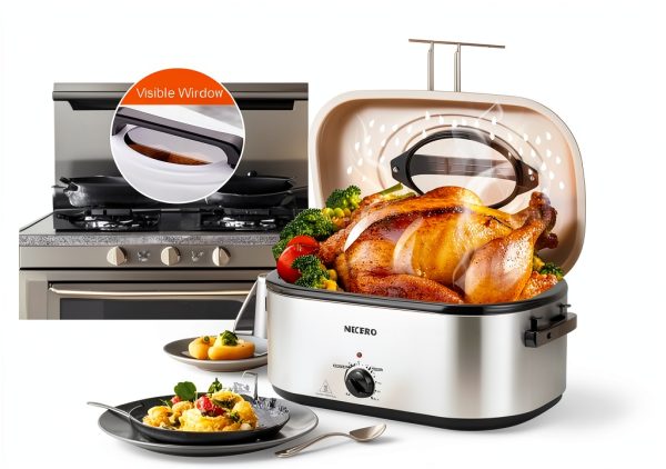 Roaster Oven NECERO 24Qt Electric with Glass Lid, Pan & Rack - Silver-2