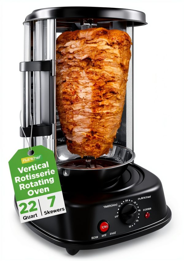 NutriChef Vertical Rotating Shawarma Oven - Rotisserie, Shawarma, & Kebab Machine - Stain-Resistant, Energy-Efficient - Heat-Resistant Door - Includes Kebab Rack with 7 Skewers - Stainless Steel-0