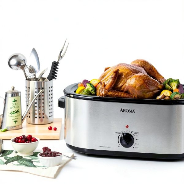 AROMA 22Qt Roaster Oven with Self-Basting Lid Stainless Steel Black-5